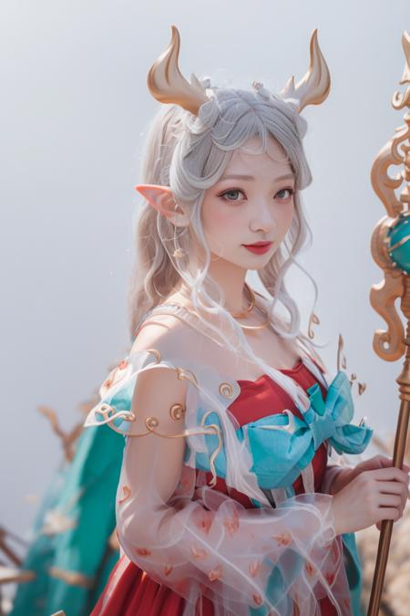 masterpiece, best quality,
solo,blush,
upper body, 
1gir,yaoyao,silver hair,dress,pointy ears,(blue bow capelet:1.1),white horns,one hand holding staff,
standing, looking at viewer, 
white simple background, 
<lora:yaoyao_v0.4:1>