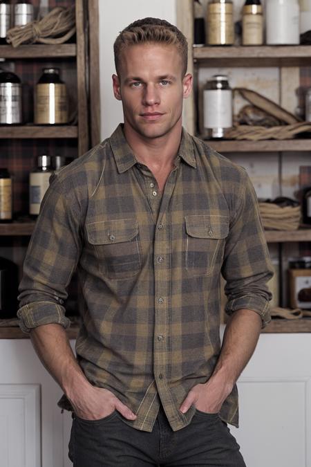 RAW Photo, full shot photo of man matthew_rush posing in plaid shirt with blond hair standing in Casa Battl, <lora:matthew_rush-03:1>, brightly lit, natural lit, detailed