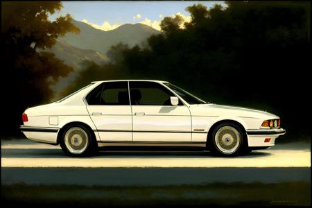 (4 doors), (sedan),(white),  realistic photo of a  car, by Jeremy Lipking, by William Bouguereau, (by Alphonse Mucha:0.5), sabudenego, jeremy lipking, masterpiece,  ((1CAR)) <lora:BMW7E32:0.8> BMW7E32