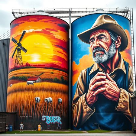 End of a building, 
 This silo art mural is a breathtaking depiction of rural life, blending hyper-realistic portraiture with a vivid landscape scene. On the right, a farmer is shown in a pensive pose, hands clasped together, with a rugged expression that reflects both resilience and contemplation. His weathered face and traditional hat are painted with exquisite detail, giving life to his story. The left side of the mural showcases a glowing golden sunset over a rural field, complete with tall grass, grazing sheep, and a classic windmill silhouetted against the dramatic sky. The vivid blues and oranges create a striking contrast, evoking warmth and nostalgia for life in the countryside. The scale and precision of the artwork transform the silos into a monumental tribute to rural heritage.
graffiti, mural, hyper-realistic, vibrant colors, bold letterforms, 3D design, urban art, intricate details, vivid gradients, sharp highlights, contrasting shadows, abstract influences, electric palette, sculptural effect