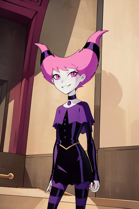 <lora:ricegnat_style:0.8>,((masterpiece,best quality)), absurdres, <lora:Jinx_TeenTitans:0.8>, Jinx_TeenTitans,   1girl, solo, pink eyes, pink hair, grey skin, hair up, pale skin, medium hair, hair horns, choker, striped pantyhose, capelet, black dress, jewelry,  solo, smiling, looking at viewer, cowboy shot,