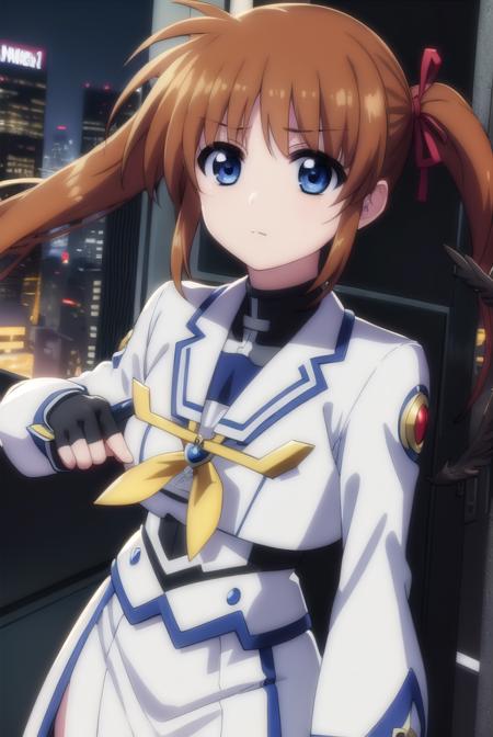 nanoha takamachi, takamachi nanoha, brown hair, twintails, blue eyes, gloves, long sleeves, wings, fingerless gloves, magical girl, winged footwear, long sleeves, ribbon, school uniform, serafuku, long sleeves, red ribbon, white sailor collar,