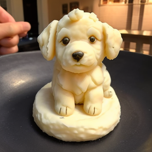 sculpture of a cute puppy made of mashed potatoes and black olives <lora:taters:1>