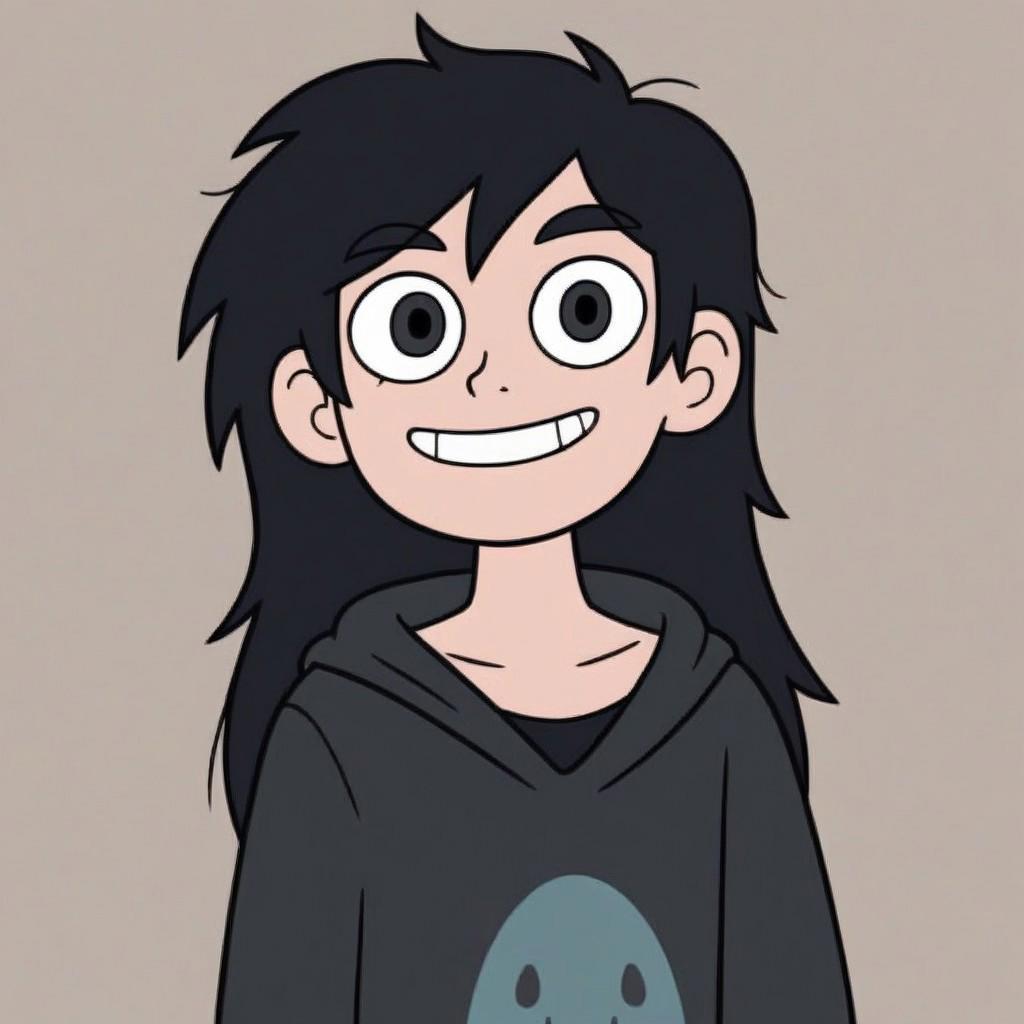 john_doe, black hair, solo, long hair, 1boy, smile, teeth, black shirt shirt, messy hair, looking at viewer, off shoulder hoodie, draw string pants
svtfoe_style