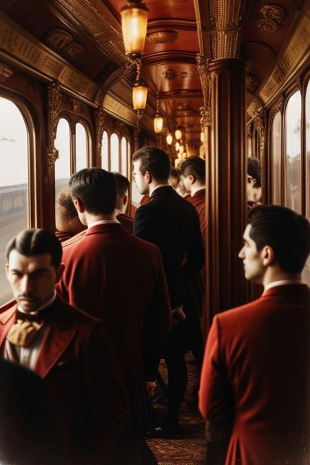 Gothic style (photorealistic) in 1910s Europe tired anxious refugees men  crowded into a densely packed locomotive steam train car, hige price tags hang are attached to the antique outfits of the passengers, an enormous eye observes them from outside through misted train window glass", <lora:BeateUhseKatalog-v1.0:0.3> beateuhsekatalog, style of style of William Eggleston, style of Eugène Atget, male-focus . Dark, mysterious, haunting, dramatic, ornate, detailed