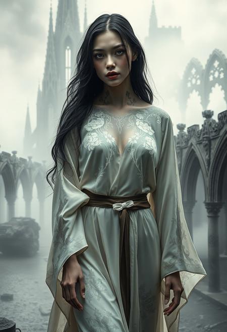 Amid the skeletal ruins of a once-grand gothic city, a mysterious woman steps out of the mist, her presence at once haunting and captivating. Her porcelain skin is adorned with spectral tattoos—translucent, shifting designs resembling ghostly calligraphy and luminous ink that glows faintly beneath the surface, as if alive. Her eyes hold a distant, hypnotic melancholy, framed by long, raven-dark hair cascading down over silk robes with intricate embroidery echoing motifs of spirits and blossoms. The surrounding cityscape is shrouded in mist: shattered spires and collapsed cathedral arches fading into obscurity, with ornate gargoyles eroded by centuries of silence. The atmosphere is thick with an eerie calm, and the interplay of her glowing tattoos and the soft silver light from the fog blurs the line between the living and spectral realms. She stands as a vision of ghostly beauty and enigmatic strength, a timeless soul lingering in a decayed world.