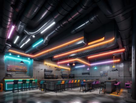 a cafes interior with a bar and neon lights, high resolution octane render, dark concrete room, videogame render, sakimichan hdri, regal fast food joint, underground room, official render, muted neon smoke <lyco:Vu_cafe:1.0>