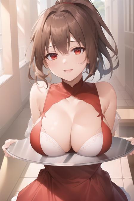 (extremely detailed CG unity 8k wallpaper), (masterpiece), (best quality), (ultra-detailed), (best illustration),(best shadow), (an extremely delicate and beautiful), finely detailed,
(breasts on tray:1.2), (round tray:1.1), 1girl, medium breasts, (red dress:1.1), cleavage cutout, sidelocks, ponytail, hair intakes, outdoors, brown hair, light rays, cowboy shot, light smile