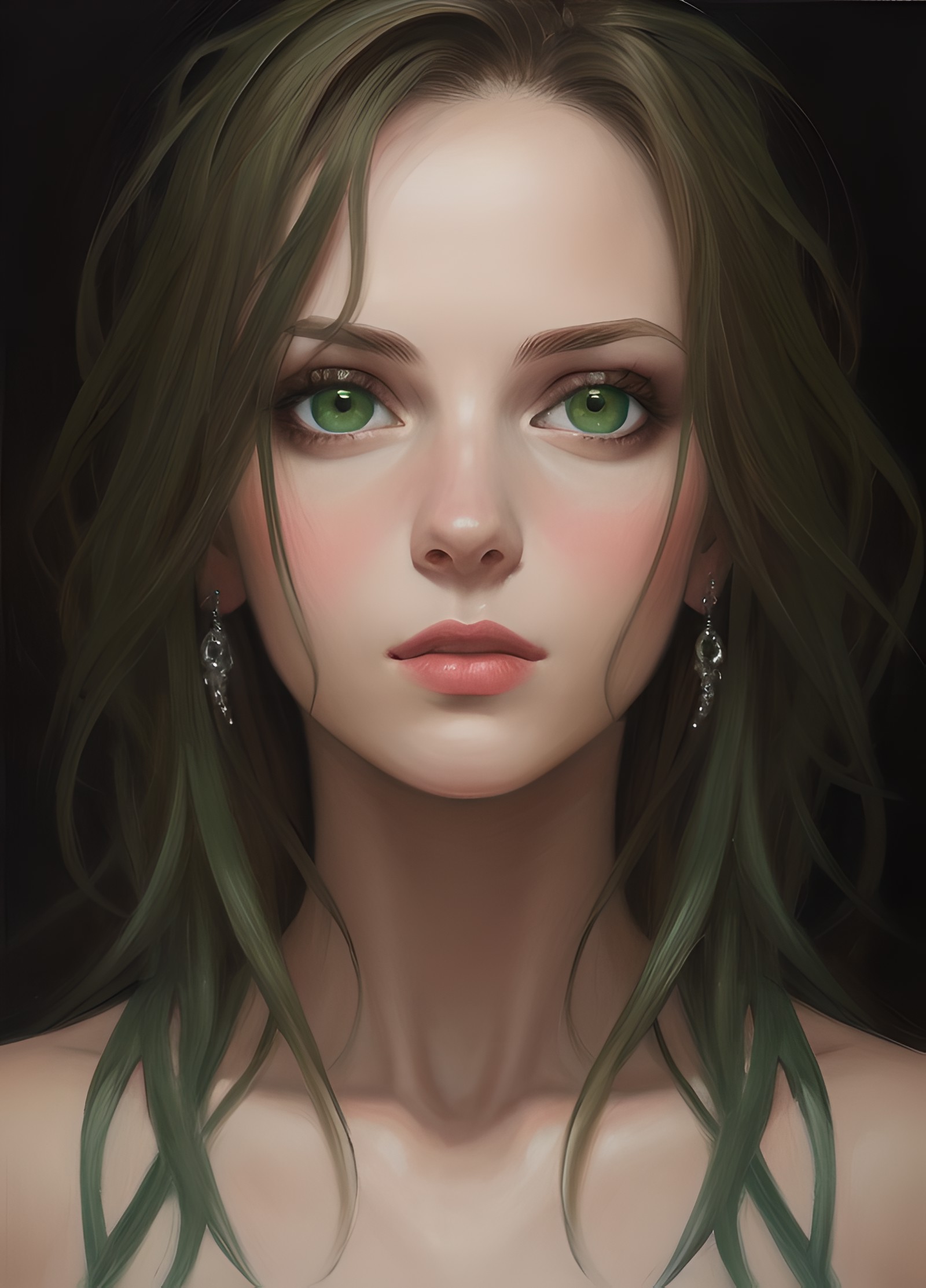 1girl, portrait, oil painting, modern, realistic proportions, dark green eyes, beautiful face, symmetrical face, symmetric...