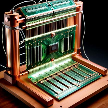 An ornate 19th-century Jacquard loom reimagined as a massive circuit-board weaving machine: the wooden frame becomes stacked translucent green PCB layers, warp and weft threads rendered as elegant copper traces, resistors and capacitors double as shuttle weights and bobbins, surface-mount ICs align like punch cards, tiny LEDs pulse along the pattern, hyper-realistic macro close-up, ultra-detailed, dramatic cinematic lighting, shallow depth of field, 8K resolution.