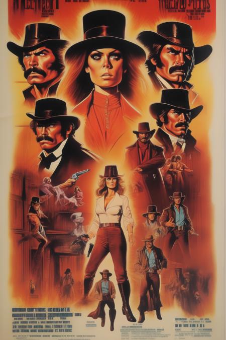 <lora:Movie Poster:1>Movie Poster - movie poster for a 1970's action movie about a 1800's female doctor, a priest and 3 cowboys fighting triad members in a alley