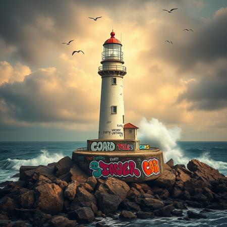 A picturesque lighthouse perched on a rocky coastline, its base covered in colorful graffiti. The artwork adds a modern twist to the historic structure. The background features crashing waves, a dramatic sky, and seabirds flying overhead, contrasting with the unexpected urban art.. 
[(contemporary street art:1.35) ::0.35], (Banksy and Pejac -inspired octane rendering with a dusty, simple touch), [Frank Cho and Kay Sage influence: artistic flair: 0.70], a contemporary street art piece inspired by Banksy's style rendered in octane, featuring a dusty and simple aesthetic, drawing artistic flair from the influences of Frank Cho and Kay Sage for a unique and captivating composition