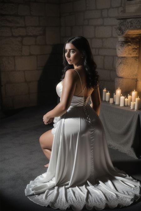 Photo•raw•8k uhd•dslr•high quality•ultra-realistic•realistic•realism•film grain overlay•Fujifilm XT3.
View from behind, dark gothic-style•candle-lit room•ancient stone altar.
1woman•wearing a (white satin gown dress)•(voluptuous)-body•kneeling•covered in honey.