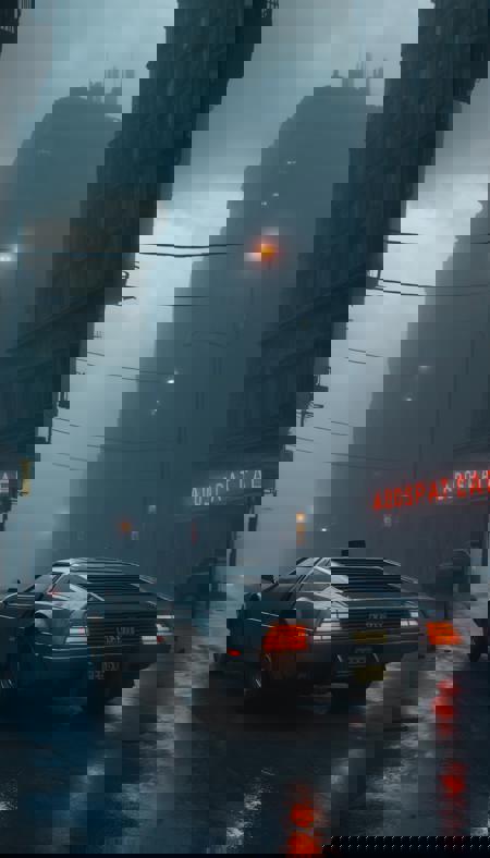 Blade Runner 2049 SleepCitycape. Relaxing Cyberpunk Art Poster. Dark light. Cinematic Art. Photorealistic. Street. Abandoned street. CityScape, Scenery. Dark and moody. 1car, Futuristic supecar. Prototype supercar. Super detailed car, (grey car carpaint). Futuristic design car. Gloomy neon lights. No humans. Sleeping city. (Cloudy day, fog:1.4). Dystopian apocalyptic atmosphere. Film grain.