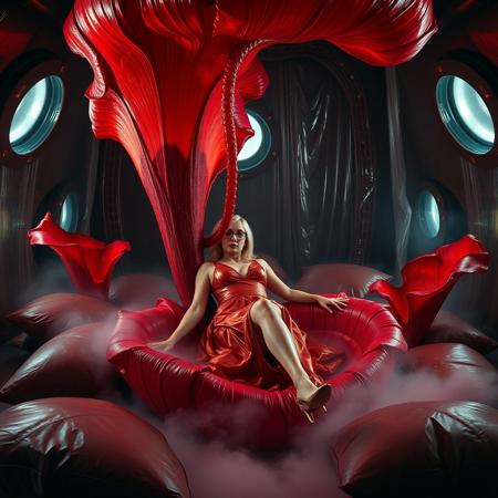 blonde damsel.  lifted glossy nightgown, her glasses askew, glossy high heels, she is laying inside giant rafflesia bloom , red tentacle from the bloom streaming transparent slime to her body,  her legs spreaded wide apart, knees bent,   penetration, orgasm, mind break,   surrounded by  giant rafflesia  glossy  crystal slime covered red colossus petales , reflecting the faint glow of the weird alien laboratory chamber. thin transparent slime curtains, pillow foil canopy,  fog from the floor. floor covered by giant leather pillows.   the walls appear to be alive, covered in a pulsing, iridescent slime, while colossus observation portholes gaze in like empty eyes, as if the very darkness of space itself is watching this horrific scene unfold. Inspired by the dark, industrial sci-fi of H.R. Giger, the eerie, atmospheric lighting of Zdzisław Beksiński, and the surreal, biomechanical nightmares of Francis Bacon.