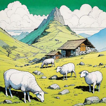 (color ink painting moebius, comic book style), high mountain, alpine valley, stone hut, covered in moss, sheep are grazing