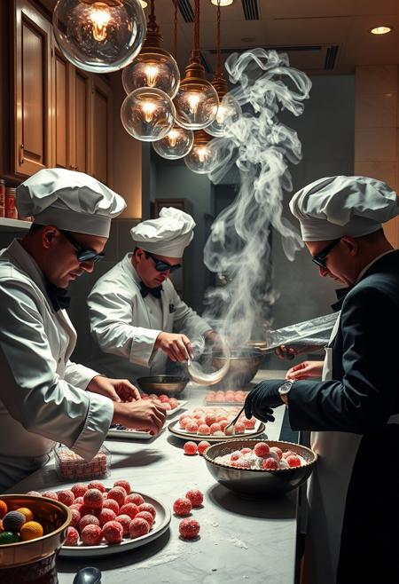 candy In a high-end fashion restaurant, the kitchen is a chaotic mix of elegance and crime. A group of skilled thieves, disguised as gourmet chefs, sneak around the kitchen, expertly cooking up batches of decadent candies. But these aren’t just any sweets—they’re laced with stolen secrets and forbidden ingredients from the richest patrons. As they mold the candies into perfect shapes, they whisper plans of future heists, all while the restaurant’s posh clientele remains blissfully unaware. The thieves’ fingers are stained with sugar and mischief, their culinary expertise a cover for their true, sweeter crime