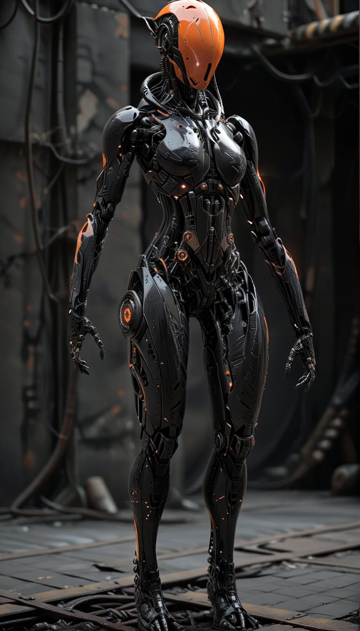 Futuristic Robotic Woman with Large Breasts and Mechanical Body.