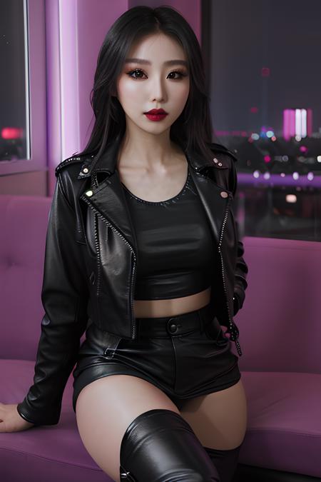 (<lora:ndoshi:0.5>), hyperrealistic, raw, shot on Sony A7R Mark IVA,  (kpop makeup1.4), ((perfect detailed eyes:1.4)), (black leather jacket:1.2), (red lipstick), soft light, ((glass)), hyperrealistic reflection, (wide hips), (high platform boots), ((sharp focus)), purple light, (night city background)