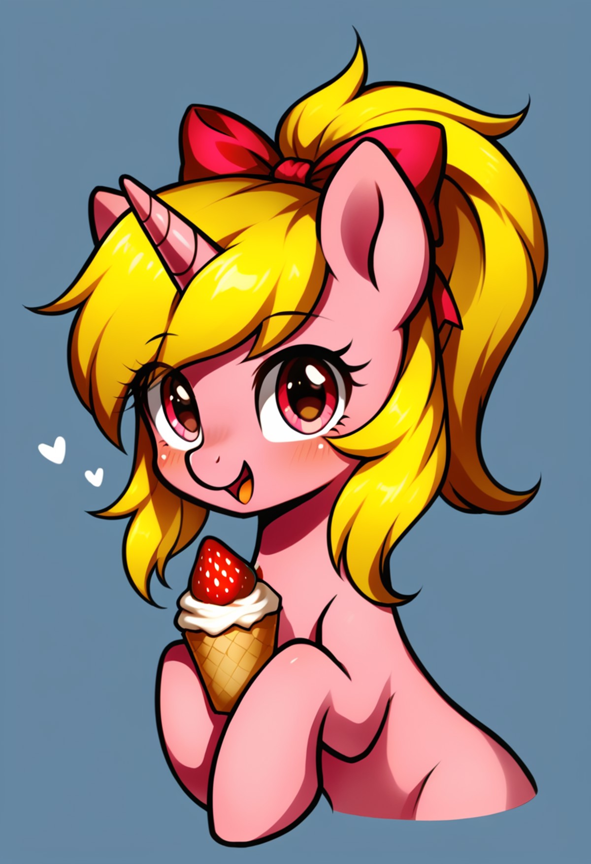 extremely cute strawberry themed unicorn, wearing a ribbon in their hair, dark pink pony with yellow hair  <lora:SDXLFaeTa...