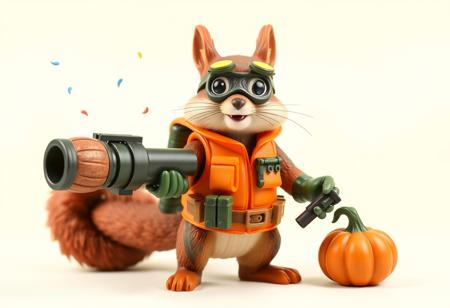 1990s-style action figure toy of an anthropomorphic squirrel dressed as a forest-themed nut defender superhero. The squirrel wears an orange utility vest, forest camo gloves, and goggles, holding a walnut-shell cannon that fires acorn projectiles and confetti nutrient bursts. Stylized accessories mini pumpkin grenades, and a belt of seeds. Bright colors, nostalgic aesthetic, detailed toy design, whimsical and heroic style, bold comic-book shading. Clean background. (No text). Top view. 4:5 aspect ratio --v 5 --style 90s --ar 4:5