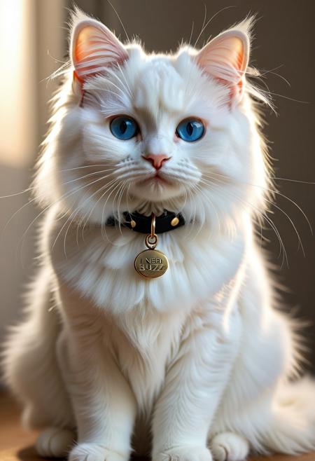 masterpiece, ultra-detailed, hyper-realistic, cinematic lighting, beautiful white Angora cat, long fluffy fur, striking blue eyes, sitting directly facing the viewer, calm and elegant posture, wearing a small collar tag or ID plate that clearly reads "I need Buzz", fur texture highly detailed, soft lighting, shallow depth of field, realistic whiskers and fur strands, subtle warm backlight, photo-realism, animal portrait perfection, using Buzz Generator LoRA:<lora:BuzzGenerator:1.0>