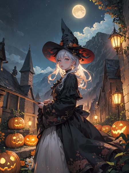 (extremely detailed CG unity 8k wallpaper),(masterpiece),(best quality),(ultra-detailed),(best illustration),1girl,candy,hallowmas,night,pumpkin lamp,witch,The detailed castle,mist encircles the mountains,fairyland,nature,flowers,<lora:æ°´å¢¨-000012:0.5>,