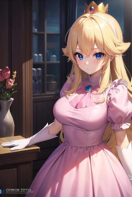 princess peach, blonde hair, blue eyes, long hair, crown, dress, gem, gloves, pink dress, puffy short sleeves, puffy sleeves, short sleeves, white gloves,