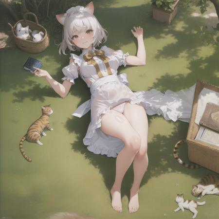 (best quality),(highly detailed),(masterpiece),(ultra-detailed),(absurdres),(((artbook))),((8k_wallpaper)),big ass,Bare thigh,huge_breasts,barefoot, 1girl, solo, animal ears, cat, barefoot,cat ears, short sleeves, grass, short hair, smile, white hair, puffy sleeves, white dress, maid, sunlight, brown eyes, dappled sunlight,petite, outdoors, puffy short sleeves, bangs, full body, tearfully, crying, cats, white-patterned underwear