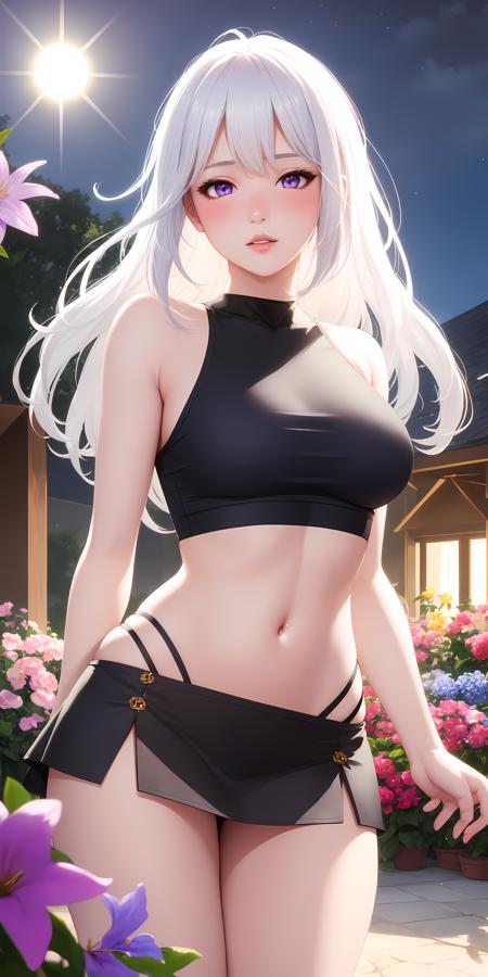 realistic, 1girl, white hair, purple eyes, glowing eyes, crop top, skirt, parted lips, blush, night, flowers, sun, sunlight,