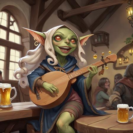 A cute female path_goblin bard, big eyes, wearing a  hoodie cloak,and an elegant dress, long wavy hair, singing on a tavern while playing a medieval lyre, mugs of beer at her feets,<lora:Path_goblin:1>