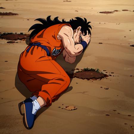 (8k, best quality, masterpiece:1.2),yamcha, male focus, 1boy, solo, black hair, lying, dirty clothes, ((wide shot)), spiked hair, black eyes, dirty,lying, on stomach, on side, orange dougi, orange pants, blue sash, outdoors, fetal position, from above, blue wristband, long hair, black shoes, covered face, facing away