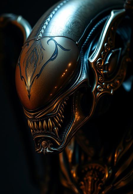 A tight close-up shot employing contrasting chiaroscuro lighting, focuses on the detailed features of a winged Xenomorph human. The baroque style piece showcases intricate marquetry, precious wood inlays, and gilded bronze ornamentation, with strong contrasts and deep shadows.