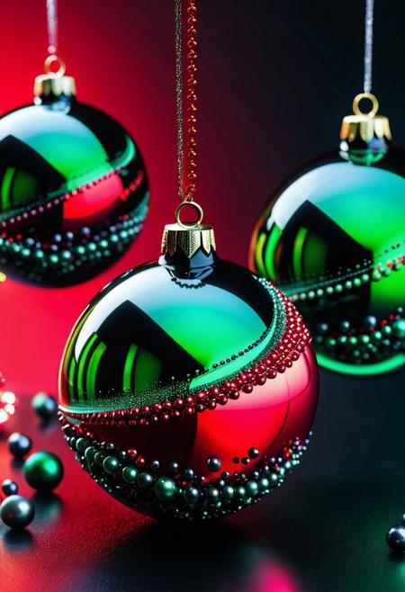 HIGHLY DETAILED, Surrealism, Synthwave, Epic cinematic, Spheres cylinders frozen bubbles colorful abstract flowing swirling twirling silver and black pearls abstract Christmas ball, Red And Green Tones
