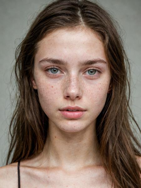 portrait of a 20 year old brunette model with bright eyes, thin waist, no makeup, freckles, beauty spots, natural, posing, submissive expression, hard shadows, soft lighting, sharp focus, skin details