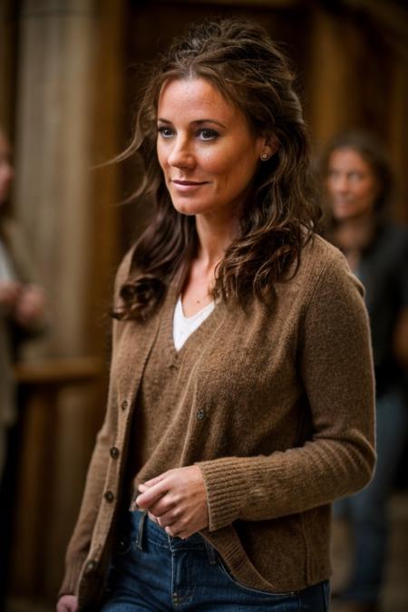 <lora:Orla_Brady:1> masterpiece, best quality, 1girl, solo, o1873b, brown_eyes, realistic, brown_hair, long_hair, posing, walking through a A tiny chapel nestled in the hills  wearing a Dark Sand Brown jumper and blue jeans