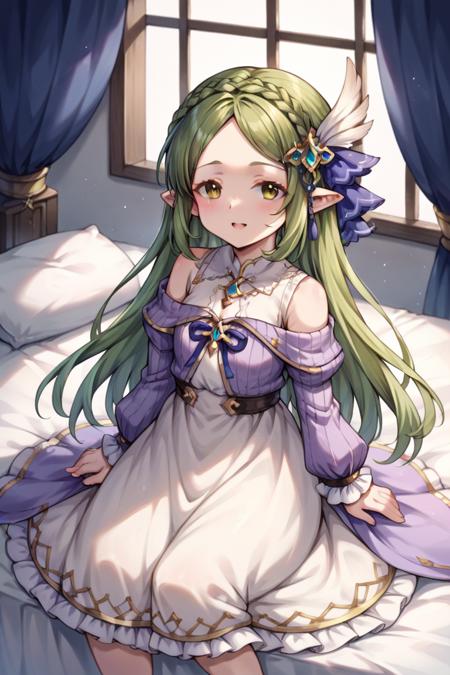 robertina, brown eyes, green hair, crown braid, hair ornament, pointy ears, dress,