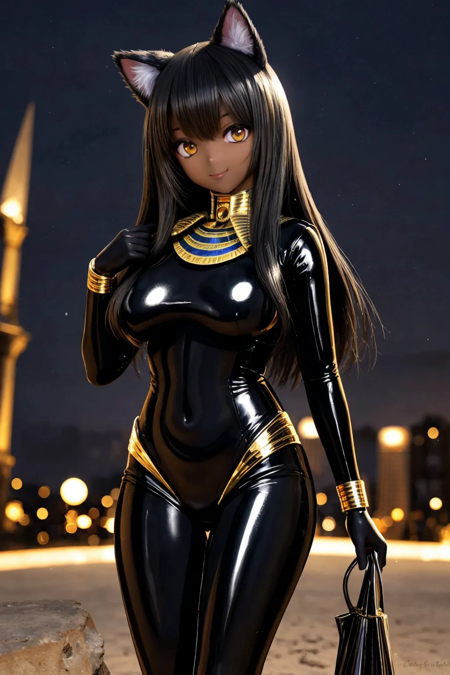 phantom thief, (egyptian goddess:1.3), dark-skinned female, textile shading latex black catsuit with gold line, cat ears and 1tail, gold accessories, black hair, wide hips, huge tits, narrow waist, light smile, subtle ambient glow, global illumination, ultimate quallity, (preteen:1.2), glistening clothes, reflective clothes, in night egyptian park background, subtle ambient glow, glistening clothes, textured fabric, perfect anatomy propotions, (beautiful body:1.1), absurdres, delicate and intricate hair, global illumination, face lighting, <lora:lcm-lora-sdv1-5:0.4>