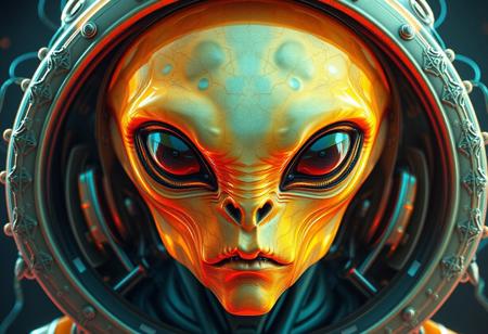 Create a stunning, iridescent, and highly detailed 8K image of a fusion between an astronaut and a Buizel, with a perfectly symmetrical alien face, incorporating elements of Pixar and Disney animation, and the styles of Alphonse Mucha and Frank Frazetta. Include intricate details such as veins, micro details, and lifelike textures. The image should be a masterpiece with a dramatic and surreal atmosphere, inspired by the phrase 'to infinity and beyond.' Incorporate neon wiring and silver filigree, and render it in Octane Render with cinematic quality.