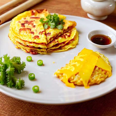 masterpiece,hight quality,Create an image in a realistic style featuring a traditional Chinese-style breakfast. The focus is on a freshly made Chinese pancake (bing), with a golden-brown, crispy texture, and a fluffy, steamed egg omelet on the side. The pancake is stacked and slightly folded, showing layers and steam rising from its hot surface. The omelet is light and airy, with a slightly golden exterior. Both are placed on a simple, classic porcelain plate, with a background suggesting a humble, homely Chinese kitchen, with natural light softly illuminating the scene,<lora:oldfan50:0.75>