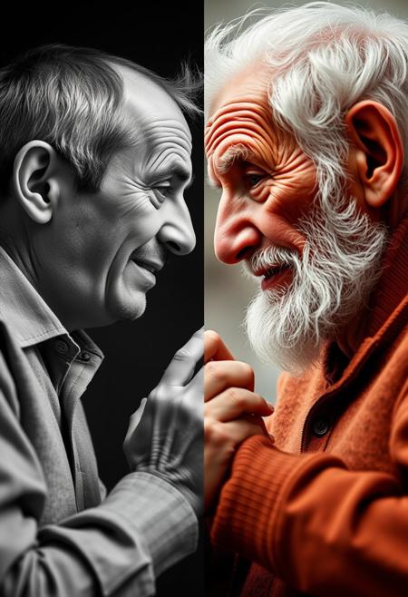 old man meeting his own younger self, the image is separated in two halves. one side is black and white with the younger adult version. the side with the old man is a vibrant color photograph with high definition details, the old man is around 90 very close to his end. both versions looking at one another, hands touching in the middle