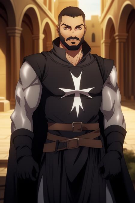 Mizrak, 1boy, solo, portrait, standing, tall, male, human, looking at viewer, beard, thick eyebrows, ember eyes, orange eyes, broad shoulders, very short hair, armor, templar armor, belt, black cloak, black vest, sleeveless, black cape, black gloves, gloves, pants, outside, blurry background, detailed, masterpiece, anatomically correct,