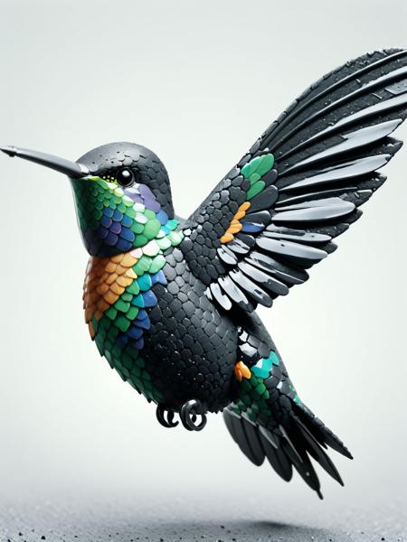 <lora:Fresh_Tarmac_SXDL:1>, a hummingbird made of black and colorful ais-tarmac, fluttering its wings