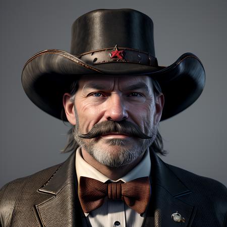complex 3d render ultra detailed of a cowboy face, black top hat, red bow tie, gambler|cowboy|sheriff|farmer, beautiful studio soft light, rim light, vibrant details, black leather, hyper realistic, anatomical, facial muscles, 17|37|45|55|78 years old, elegant moustache|beard, black background, octane render, Wild West ,<lora:more_details:0.4>