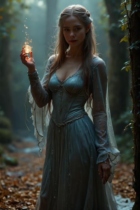 Setting & Atmosphere:
The scene takes place in the heart of LothlÃ³rien, in a dimly lit, ethereal environment with a mystical and otherworldly ambiance. The surrounding area is bathed in a soft, silver-blue light, giving it a dreamlike quality. The light seems to emanate from the trees and water around them.
Galadriel's Expression:
Galadrielâs face is calm and serene, but as she imagines the power of the Ring, her expression changes dramatically. Her eyes widen, glowing with an intense, almost otherworldly light, and her face contorts slightly with a mixture of temptation, power, and latent darkness. Thereâs a sense of immense power brewing within her, restrained yet palpable.
Her Transformation:
As she speaks, thereâs a visual transformation where Galadriel appears larger, more formidable, and otherworldly. Her skin takes on a shimmering, almost metallic hue, with silver and blue tones. Her eyes become brilliantly luminous, glowing with a fierce light that contrasts with the darkness around her. The lighting accentuates the sharpness of her features, giving her a more defined, almost statuesque appearance.
Clothing & Accessories:
Galadriel is wearing a long, flowing white gown made of a delicate, almost translucent material that glows faintly in the low light. The gown has intricate silver embroidery along the edges, with patterns resembling leaves and vines. Her hair is long, golden, and flowing, cascading down her back like a river of light. She wears a simple, elegant silver circlet on her head, adorned with a single white gem in the center.
Lighting & Shadows:
The light around Galadriel is both soft and harsh, creating a duality in her appearance. While her face and upper body are illuminated by a soft, ethereal light, her lower half and the surrounding area are cast in deep shadows, emphasizing the contrast between the light and dark aspects of her character in this moment. The shadows move and flicker subtly, adding to the eerie, powerful atmosphere.
Background Elements:
Behind her, the ancient trees of LothlÃ³rien loom tall, their twisted branches reaching out like dark tendrils. The leaves glisten as if covered in dew, reflecting the faint light. The water in the background is calm, reflecting the soft light of the scene, adding to the mystical feel.
Her Aura:
During the transformation, Galadriel emanates a powerful aura that seems to ripple through the air around her, distorting the space slightly. The air seems to shimmer with energy, and thereâs a sense of awe and dread as she imagines herself as the Dark Queen. The colors around her become more intense, with deep blues, silvers, and blacks dominating the scene. <lora:add-detail-xl:1> <lora:extremely_detailed:1> <lora:Flux-style-xl-lora:1>