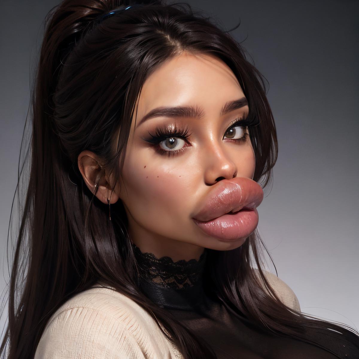 A woman with a large pout and a nose job.