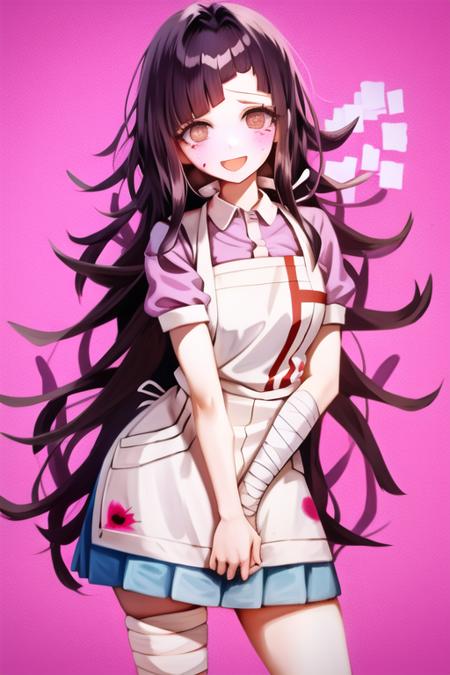 <lora:MikanDG:1>, 1girl, solo, messy hair, bandages, apron, shirt, short sleeves, bandaged leg, puffy sleeves, pink shirt, official style, blue skirt, smile, puffy short sleeves, pleated skirt, bandaged arm, white apron, collared shirt, classroom, yandere, (pink blood:1.2),