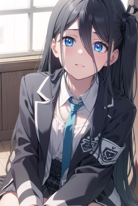 bluearchivearis, <lora:bluearchivearis-lora-nochekaiser:1>, 
aris, black hair, blue eyes, hair between eyes, halo, long hair, one side up, hair ribbon, (flat chest:1.2),
BREAK necktie, blue necktie, jacket, skirt, school uniform, white shirt, collared shirt, black skirt, white jacket, long sleeves,
BREAK looking at viewer, 
BREAK indoors, classroom,
BREAK <lyco:GoodHands-beta2:1>, (masterpiece:1.2), best quality, high resolution, unity 8k wallpaper, (illustration:0.8), (beautiful detailed eyes:1.6), extremely detailed face, perfect lighting, extremely detailed CG, (perfect hands, perfect anatomy),