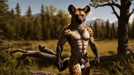 anthro, hyena, realistic fur, male, adult, muscular, fully sheathed, sheath, topless, looking at viewer, detailed background, wilderness background, photorealistic, hyper realistic, ultra detailed,