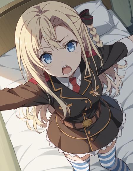 wilhelmina braunschweig ingenohl friedeburg, long hair, blue eyes, blonde hair, braid, hair braid, single braid, ribbon, hair ribbon, skirt, thighhighs, striped, belt, uniform, zettai ryouiki, military, military uniform, striped thighhighs,